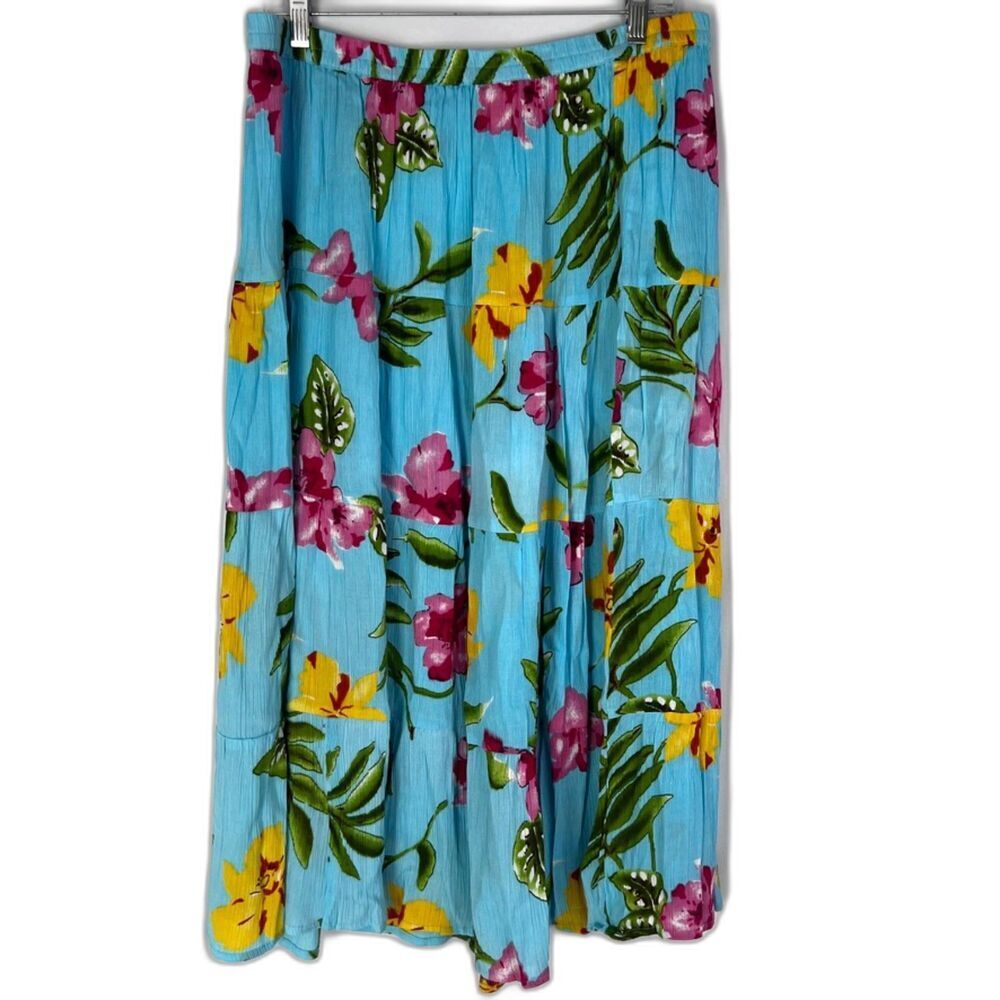 Cathy Daniels Blue Bold Floral Pull On Elastic Waist Tiered Aline Maxi Skirt XL